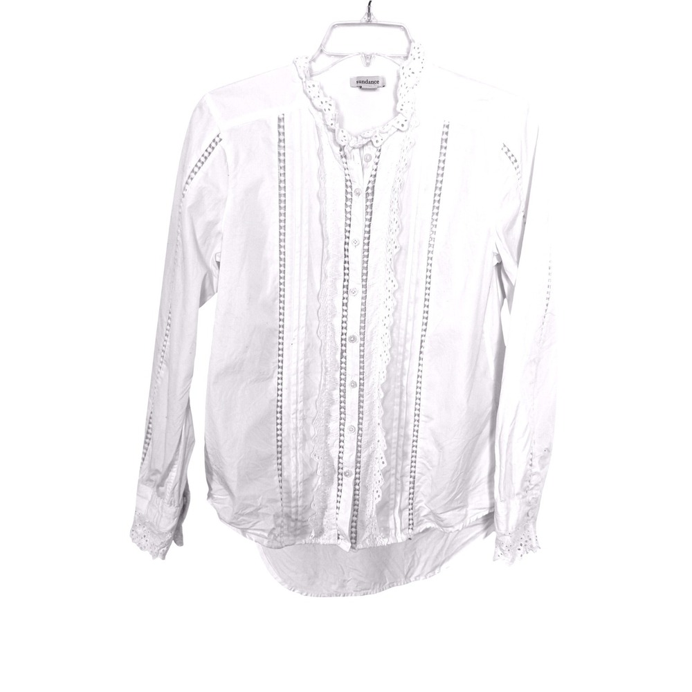Sundance Womens White Eyelet Lace Pintuck Cotton Blouse Long Sleeve XS